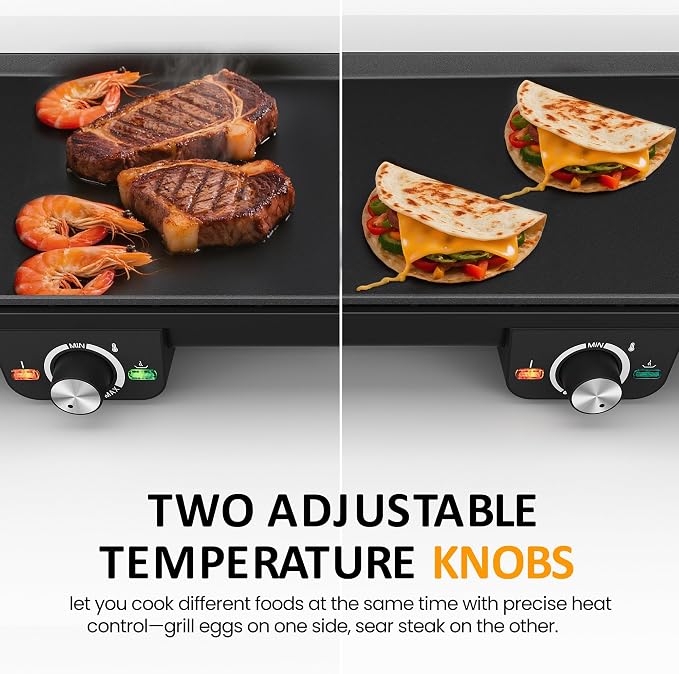 35''Electric Large Griddle - 1600W,Foldable Dual Zone,Nonstick | Long Skillet with Adjustable Temp,Pancake Egg Maker,Drip Tray,Indicator Light for Indoor/Outdoor/BBQ/Camping/Pancake