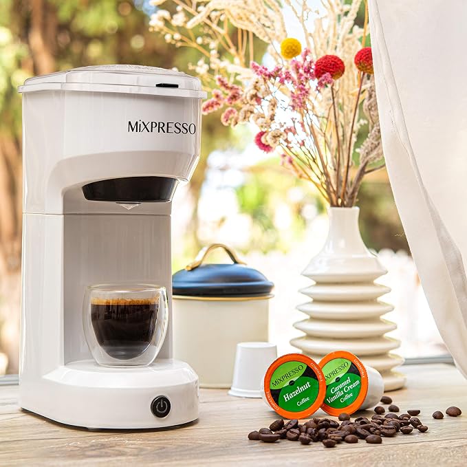 Mixpresso Single Serve Coffee Maker K Cup Coffee Maker for K Pods & Grounds | Compact 800W White Coffee Machine with 14 Oz Water Tank, Fast Brew & Auto Shut-Off, Small Design for Travel RV, Office& Dorm
