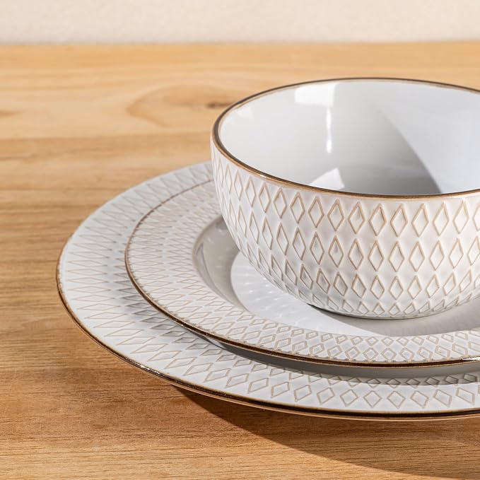 GBHOME Ceramic Dinnerware Sets of 6,18 pcs Plates and Bowls Sets Dishes | Embossed Elegant Stoneware Dishes Set | Dishwasher & Microwave Safe | Service for 4