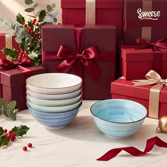 Sweese 10 oz Ceramic Bowls Set of 6, Blue Cereal Bowls for Yogurt, Fruit, Dessert, Oatmeal and Snacks, Stackable Small Serving Bowls for Breakfast and Everyday Use