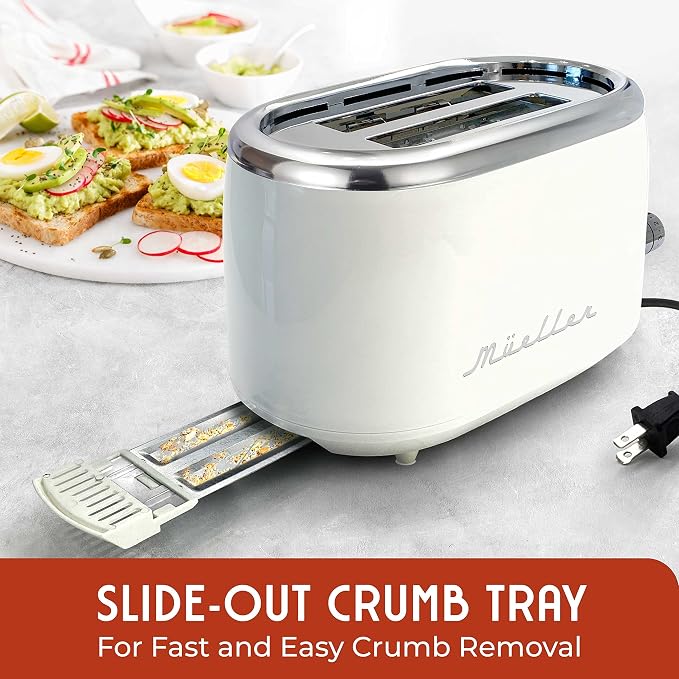 MUELLER HOME Retro Toaster 2 Slice, 7 Browning Levels | 3 Functions (Reheat, Defrost, Cancel), Stainless Steel Features, Removable Crumb Tray, Under Base Cord Storage, White