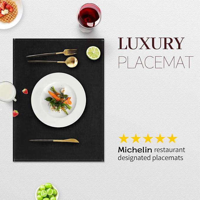 Black Placemats Set of 4, 12x18 Inch Faux Linen Table Mats | Heat Resistant and Washable Design, Easy to Clean Surface for Dining Rooms, Kitchens, Outdoor Parties and Everyday Home Decor
