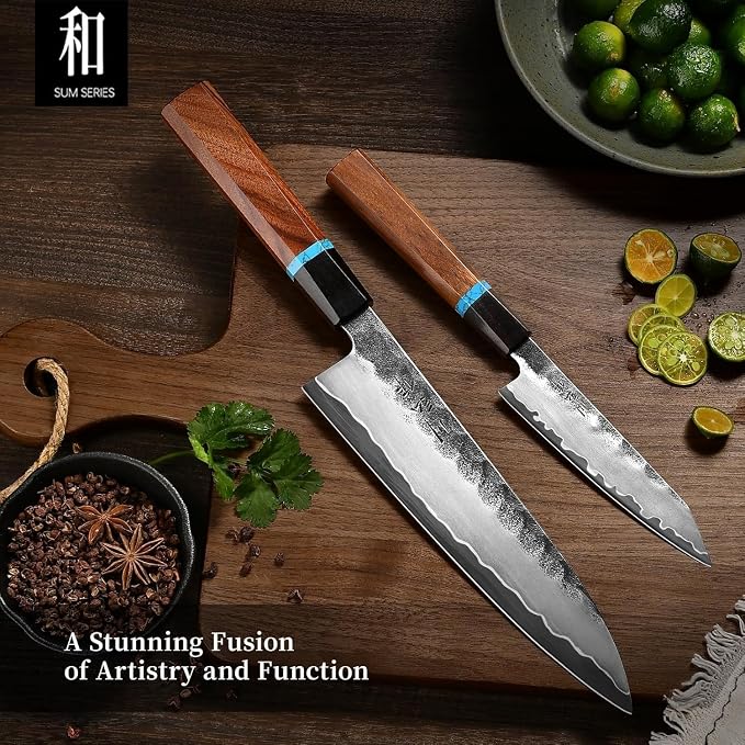 8.27 Inch Japanese Chef Knife, Hand-Forged VG10 for Precise Cuts | Hand-sharpened edge, distal taper, balanced octagonal wood handle, black-forged finish, red velvet-lined wooden gift box