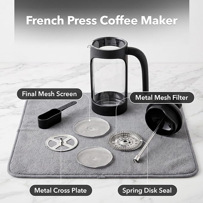 OVENTE 12oz French Press Coffee Maker with 4-Level Filtration, Black FPB12B | Heat Resistant Borosilicate Glass Pot, Dishwasher Safe Stainless Steel Filter, Portable Cafetiere for Travel, Camping or Gift