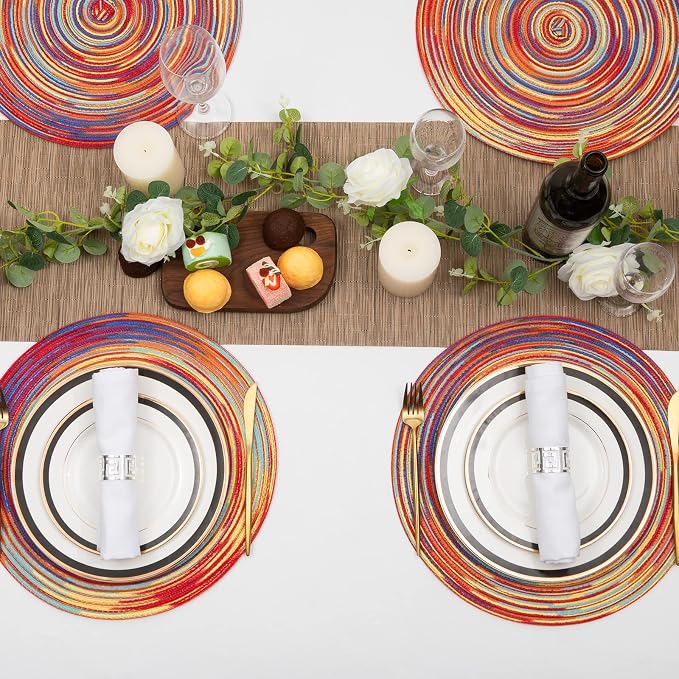 SHACOS Round Braided Placemats Set of 6 Table Mats Colorful Place Mats for Dining Tables Holiday Party Decor (Rainbow Red, 6)