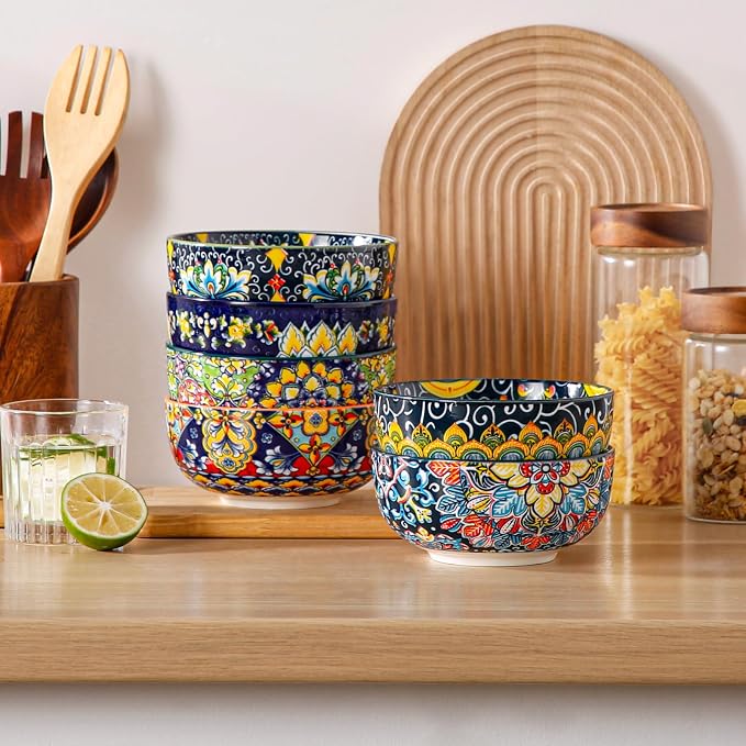 vancasso SIMI 28 oz Cereal Bowls Set of 6, Bohemian Ceramic Soup Bowls | For Pasta, Salad, Ramen, Fruit Serving, Dishwasher and Microwave Safe, Porcelain, Chip-Resistant, Decorative Bowls