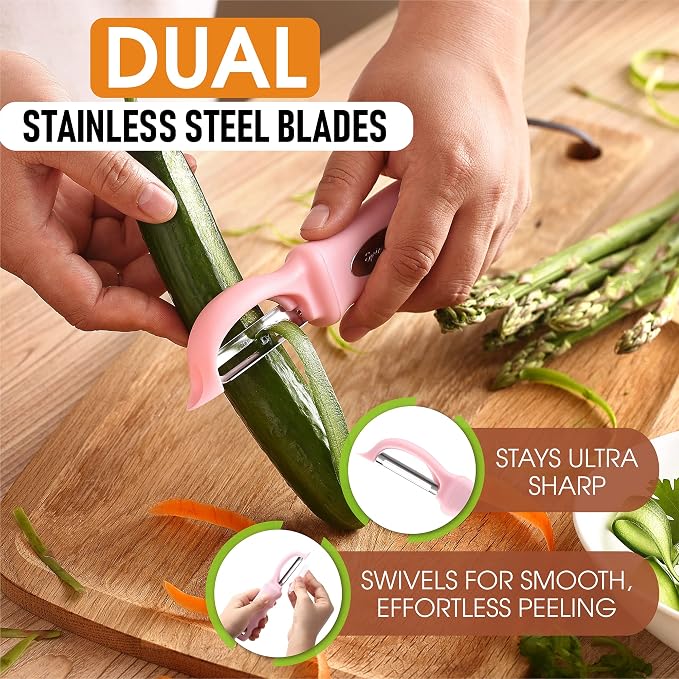 Spring Chef Swivel Vegetable Peeler with Soft Grip Handle, Pink Lemonade | Premium Potato Peeler w/ Ultra Sharp Stainless Steel Blades, Multifunctional Veggie Peeler for Apple, Carrot, Cucumber, Fruit