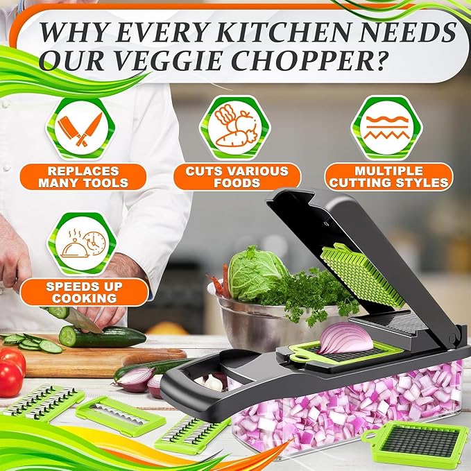 14-in-1 Vegetable Chopper with Container, 6 Blades & Finger Guard | Veggie Chopper with Container and Lid, Cheese Grater & Egg Separator, Dishwasher Safe, Dices Onion, Potato, Chips & Cubes