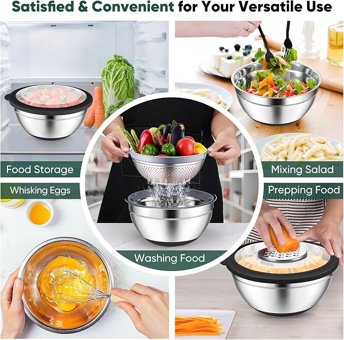 P&P CHEF Mixing Bowls with Lids, Metal Mixing Bowl with Colander, Black | 3 PCS Stainless Steel nesting bowls for Prepping, Storing, Colander for Draining, 3 Grater Attachments & Non-Slip Bottoms
