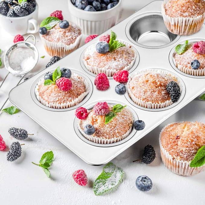 E-far Stainless Steel Muffin Pan, 6-Cup Cupcake Pan Tin for Baking, Metal Muffin Pan Tray Mold, Non-toxic & Healthy, Oven & Dishwasher Safe, Regular Size - 11.44 x 7.12 x 1.25 Inch
