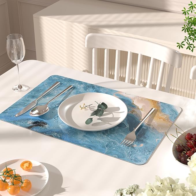 QIYI PU Leather Placemats Set of 6, 12"x18" Waterproof Table Mats, Seafoam | Faux Leather, Heat Resistant, Anti Slip, Wipeable Place Mats for Kitchen Dinning, Party Table Décor, Blue Fluid Marble