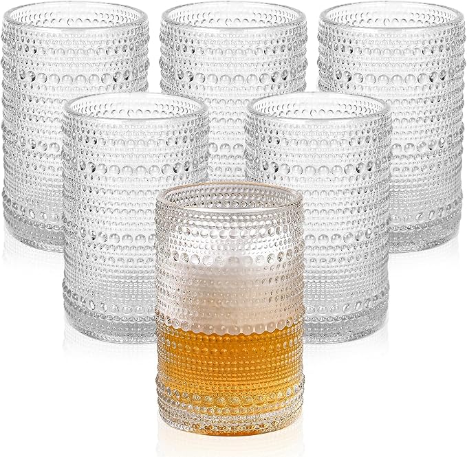 ZMOWIPDL Drinking Glasses Set of 6,15 oz Clear Hobnail Glass Cups | Vintage Glassware，Embossed Water Tumbler,for Beer,Cocktail,Whiskey,Juice and Various Mixed Drinks- 1 Cleaning Brus