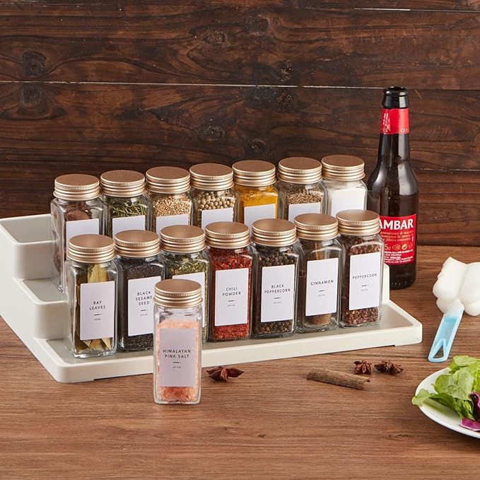 25 Pcs Spice Jars with Label- Glass Spice Jars with Gold Metal Caps | Shaker Lids, Funnel, Chalk Pen, Skiileor 4oz Seasoning Containers Bottles for Spice Rack, Cabinet, Drawer