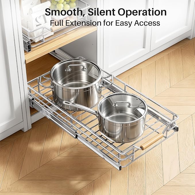 Pull out Cabinet Organizer, 11"W X 21"D, Heavy Duty Smooth Sliding Under Cabinet Shelves for Pots and Pans, Full-Extension Roll out Drawers, Slide out Organization for Home Kitchen Pantry
