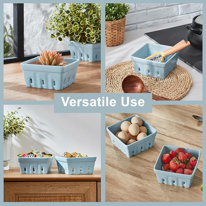 ONEMORE Berry Basket Ceramic Berry Bowls with Holes Square Fruit Bowl Berry Colander Containers for Fridge - 5.8" Fruit Basket for Kitchen Décor, Set of 2, Blue