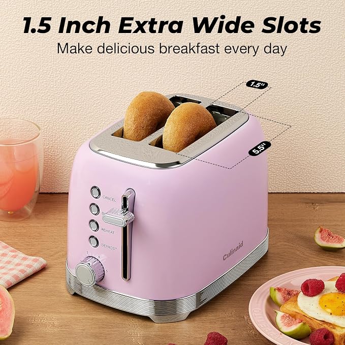 Toaster 2 Slice Retro Stainless Steel, Pastel Pink | 1.5’’ Extra Wide Slots with Bagel, Defrost, Reheat, Cancel Functions, 6 Bread Shade Settings, Removable Crumb Tray