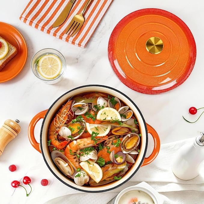 5 QT Enameled Cast Iron Dutch Oven Pot with Lid & Gold Powder | Dutch Oven for Sourdough Bread Baking, Braising, Stews, Roasting, Oven Safe up to 500° F, Orange Kitchen Cookware with Handls