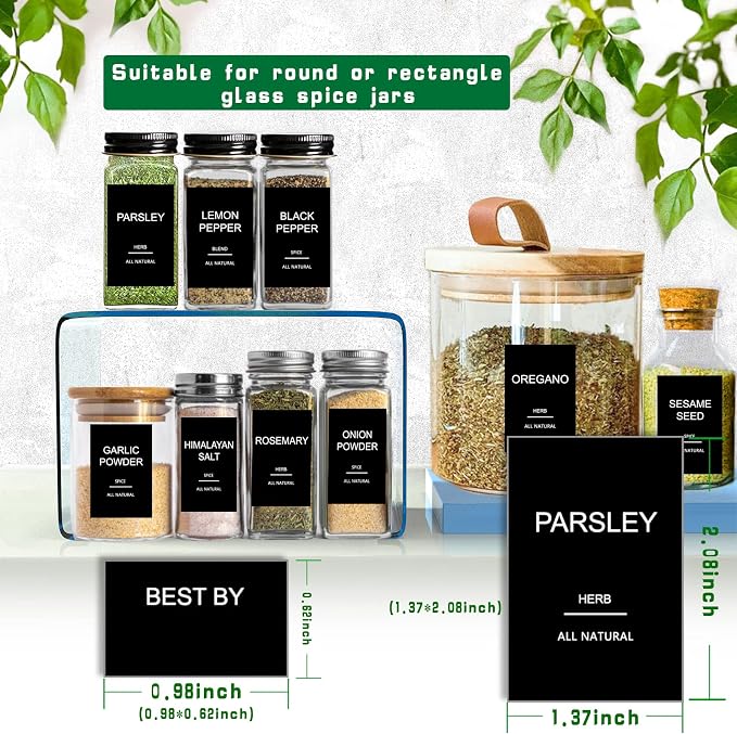 GPOVVIMX 191 Spice Jar Labels Preprinted Minimalist Stickers - Matte Black Waterproof Label - Fit Round or Rectangle Spice Jars - Herb Seasoning Kitchen Pantry Labels