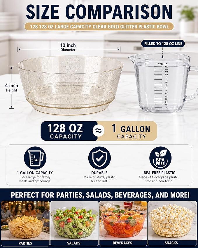 8 Pack Gold Glitter Serving Bowls for Buffet | 128oz Heavy Duty Disposable Plastic Bowls, Perfect for Party Snack, Salad, Candy & Bar Buffet