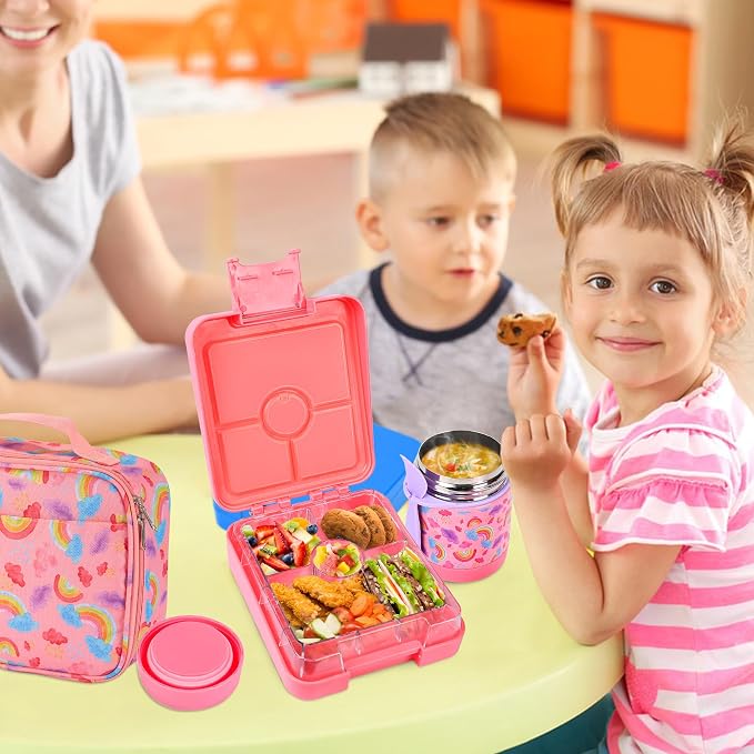 Pawtong Bento Lunch Box Set With 10oz Soup Thermo, Leak-proof Lunch Containers with 4 Compartment, Kids Hot Thermo Food Jar/Insulation Lunch Bag, Food Containers for School（Rainbow）