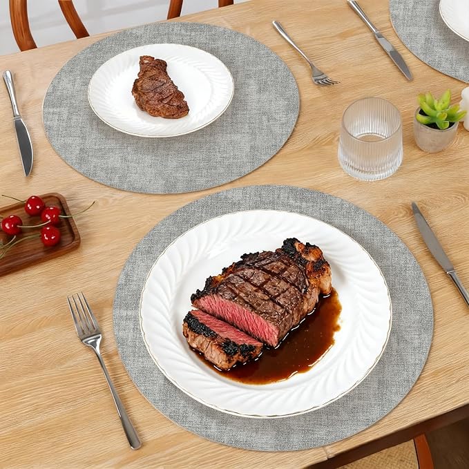 Maxpearl Faux Leather Round Placemats Set of 6, 13.8 inch, Grey | Waterproof, Heat Resistant, Non Slip, Wipe Clean Dining Table Place Mats, Suitable for Indoor & Outdoor Use, Table Settings