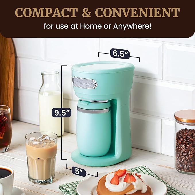 Elite Gourmet EHC242M Personal Single-Serve Compact Coffee Maker, Mint | Includes 12oz dual-wall travel mug with stainless steel interior, reusable mesh filter - compatible with coffee grounds