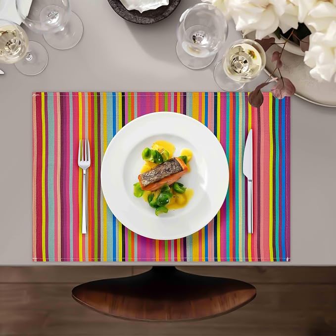 Rainbow Placemats Set of 4, 12x18 Inch Faux Linen Table Mats | Heat Resistant and Washable Design, Easy to Clean Surface for Dining Rooms, Kitchens, Outdoor Parties and Everyday Home Decor