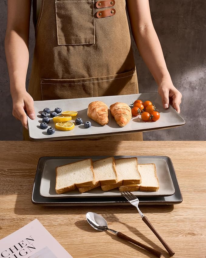 Famiware Serving Platters Set of 3 Sizes - Rectangular, Grey | 15.67"/14.1"/12.6" Fine Stoneware Serving Trays for Party, Entertaining for Food, Turkey, Cheese, Microwave Dishwasher Safe