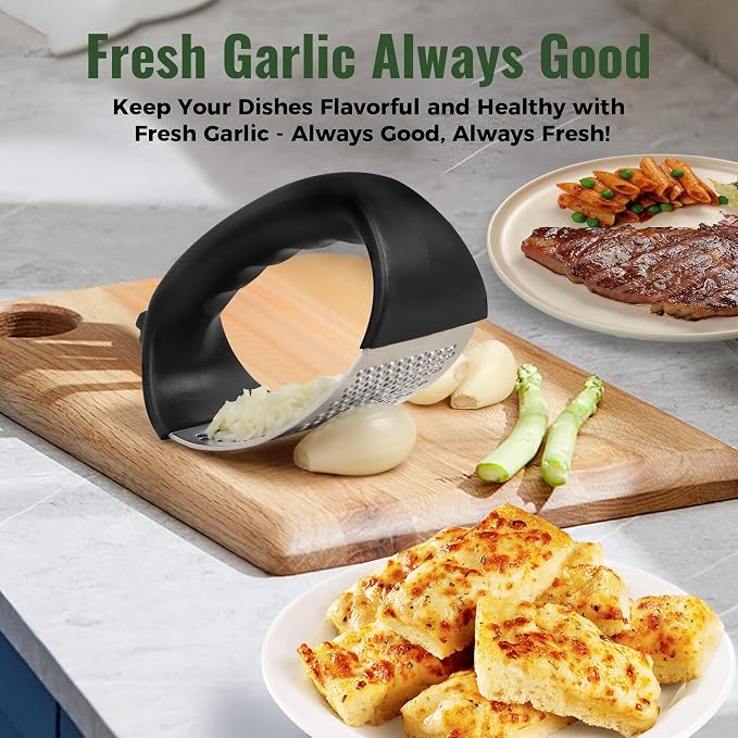 Pomyter Garlic Press Rocker, Stainless Steel Garlic Mincer and Garlic Crusher, Easy-Squeeze Garlic Tool with Peeler and Cleaning Brush for Smashing Garlic