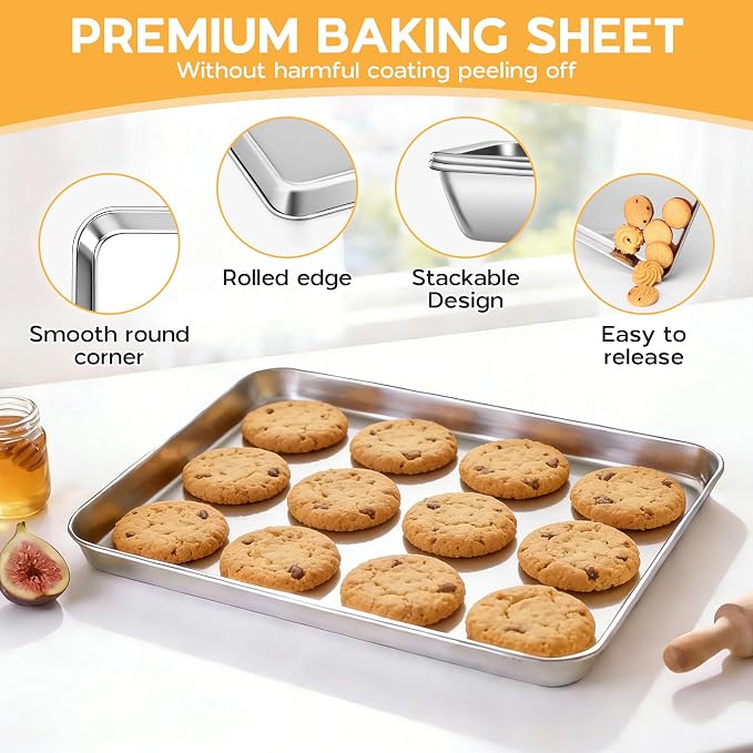 Onader 9 x 13 Inch Baking Sheet Set of 6, Stainless Steel Quarter Sheet Pan for Baking & Roasting, Metal Cookie Toaster Oven Pan Tray, Heavy Duty & Dishwasher Safe (Actual Size: 12.5" x 9.7")