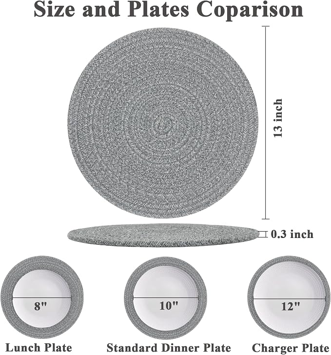Round Placemats Set of 6, Cotton Rope Woven Table Mats, Hot Pads for Kitchen, Non Slip Heat Resistant Place Mats, 13 Inches Braided Placemat for Farmhouse Decor and Kitchen Table Decor (Gray)