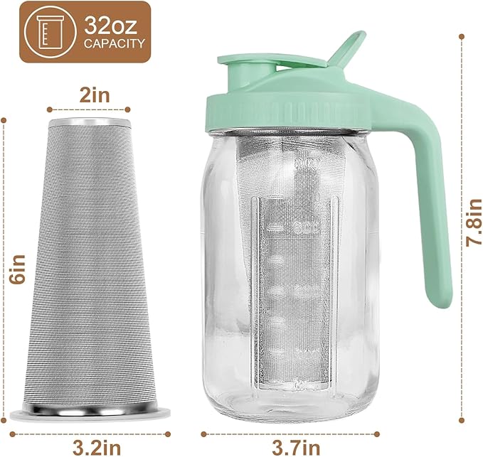 Cold Brew Coffee Maker, 32 oz Mason Jar Pitcher with Stainless Steel Filter, Pour Spout Handle Lid, Heavy Duty Glass Airtight & Leak-Proof for Iced Coffee,Tea & Lemonade