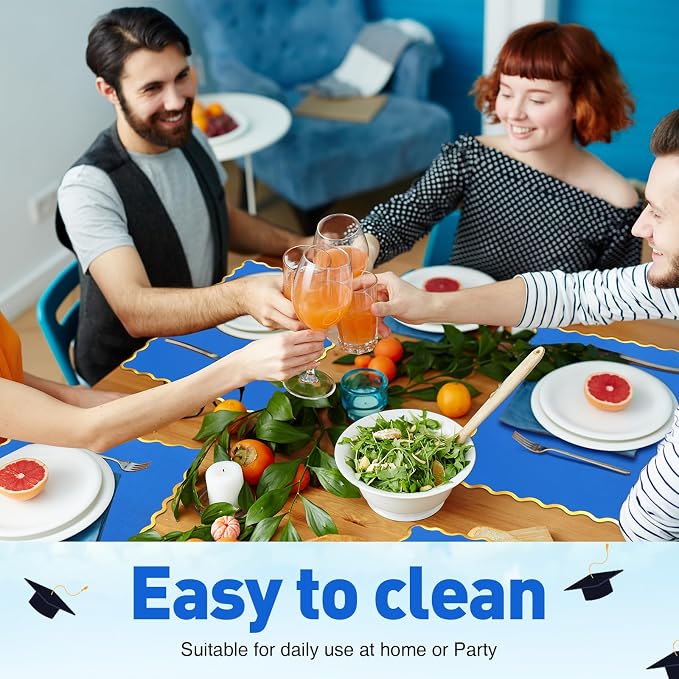FoldTier 150 Pcs Disposable Paper Placemats Bulk 10"x14" Rectangle Place Mats with Scalloped Edges Dining Table Mat for Wedding Birthday Party Table Decoration(Blue)