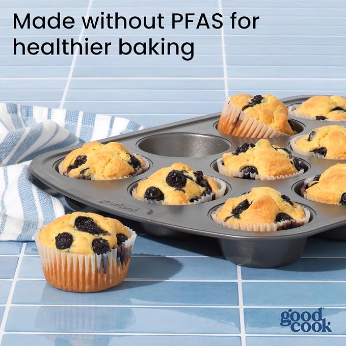 GoodCook Set of 2 Everyday Nonstick Muffin Pans – 12‑Cup Standard and 24‑Cup Mini, Gray