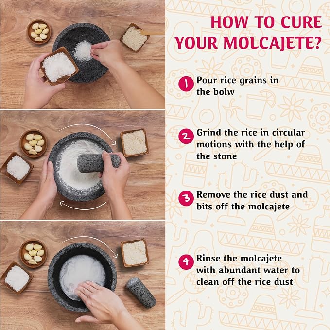 Mexican Molcajete 8in, Handmade with Natural Volcanic Stone, Mortar and Pestle Set for Guacamole, Spices, Salsa, Pesto & More, Authentic Lava Rock, Includes Free Tortilla Warmer