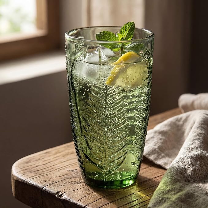 Green Drinking Glasses Set of 8, 16 oz Glass Cups, Vintage Fern Glassware | Hand-Pressed, Dishwasher Safe, Boho Leaf-Textured Drinkware, Colored Embossed Highball Tumblers for Water, Retro Kitchen Gift