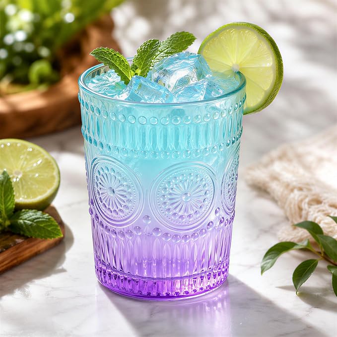 Loivttvv 12pcs Vintage Glassware Drinking Glasses Set, 12oz Highball Glasses & 9oz Embossed Ribbed Glass Cups for Cocktail, Water, Juice, Coffee (Blue & Purple)