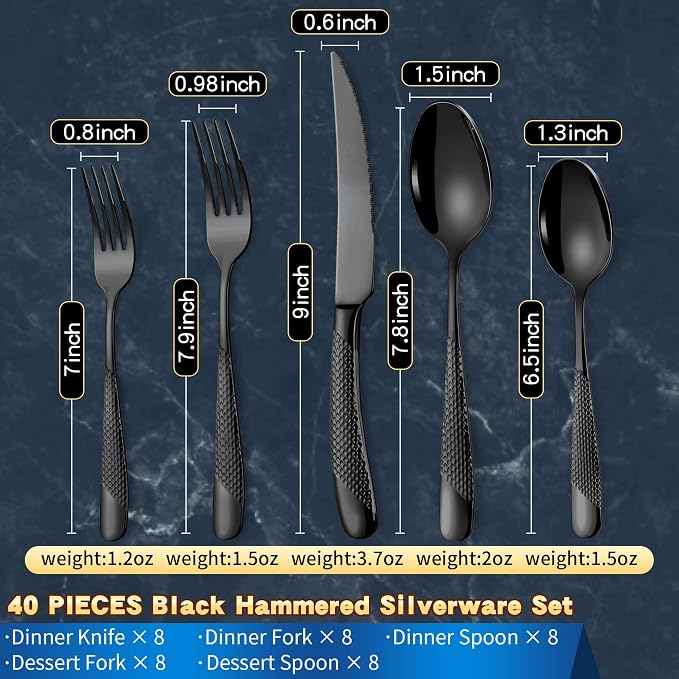40-Piece Hammered Black Silverware Set for 8,18/10 Stainless Steel Flatware Set with Serrated Forged Knives,Heavy Duty Cutlery Set for Home & Party Restaurant,Mirror Polished, Dishwasher Safe