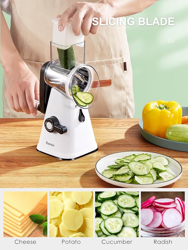 Rotary Cheese Grater with Handle, Reemix Vegetable Cheese Grater | Shredder Slicer Grater for Kitchen 3 Changeable Blades for Cheese Potato Zucchini Nuts Chocolate (White)