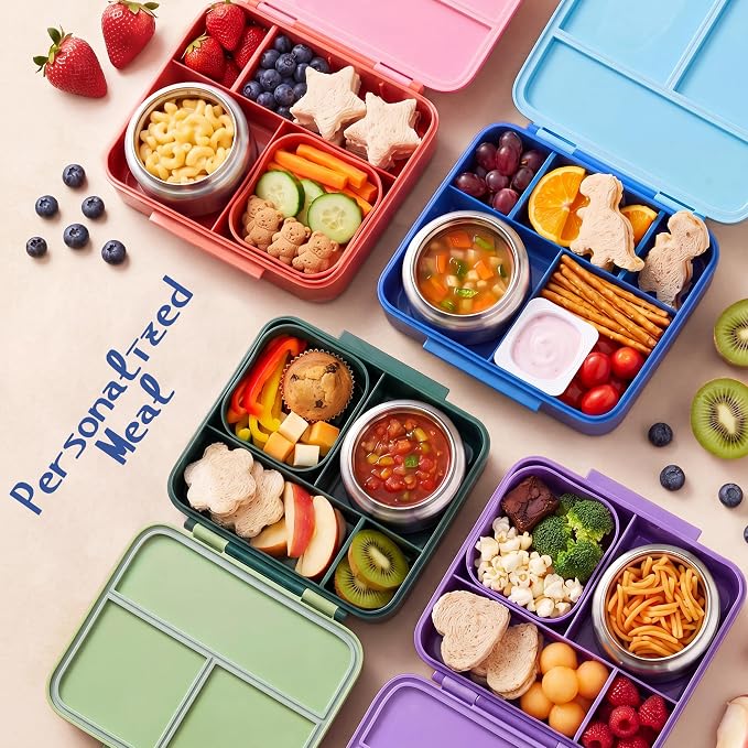 Bento Lunch Box for Kids with 8oz Soup Thermo Leak-Proof Lunch Food Containers with Snack Sauce Container for Kid Girls Boys to School, Green Bag