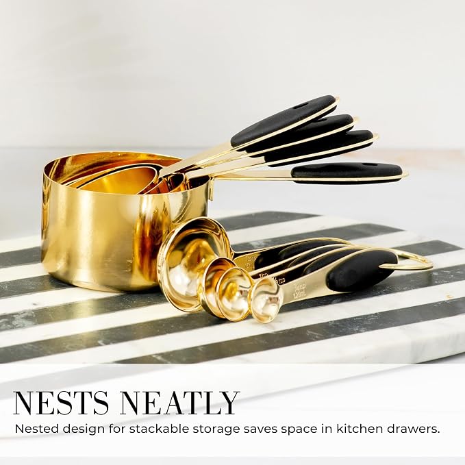 Styled Settings Black and Gold Measuring Cups and Spoons Set, 8-Piece | Stainless Steel, 8-Piece Brass Measuring Set with Beige Silicone, Stackable, Black and Gold Kitchen Accessories