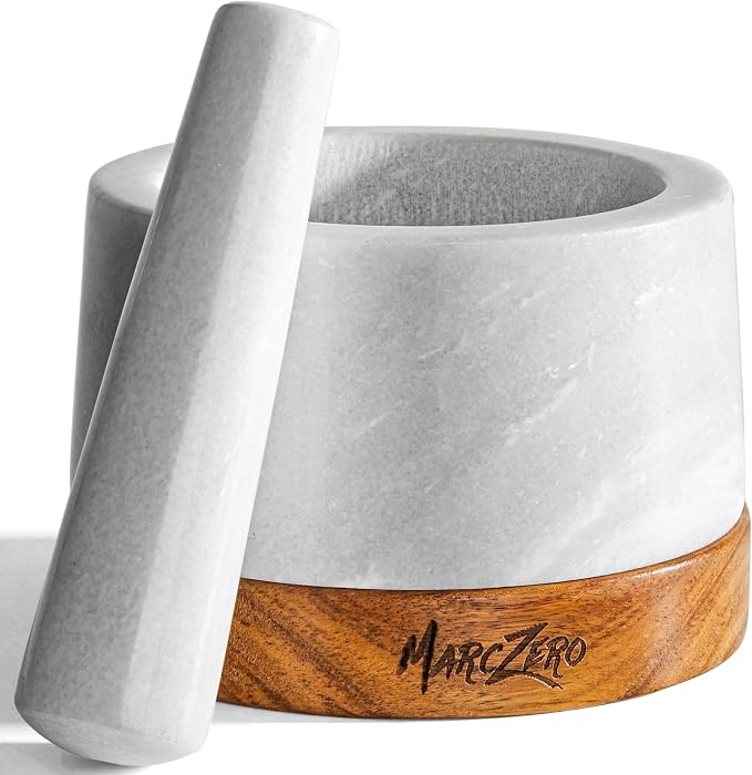 MarcZero 6inch Large Mortar and Pestle Set with Anti-Scratch Wooden Base | Heavy Duty Mortar and Pestle Made of Natural Marble(White)