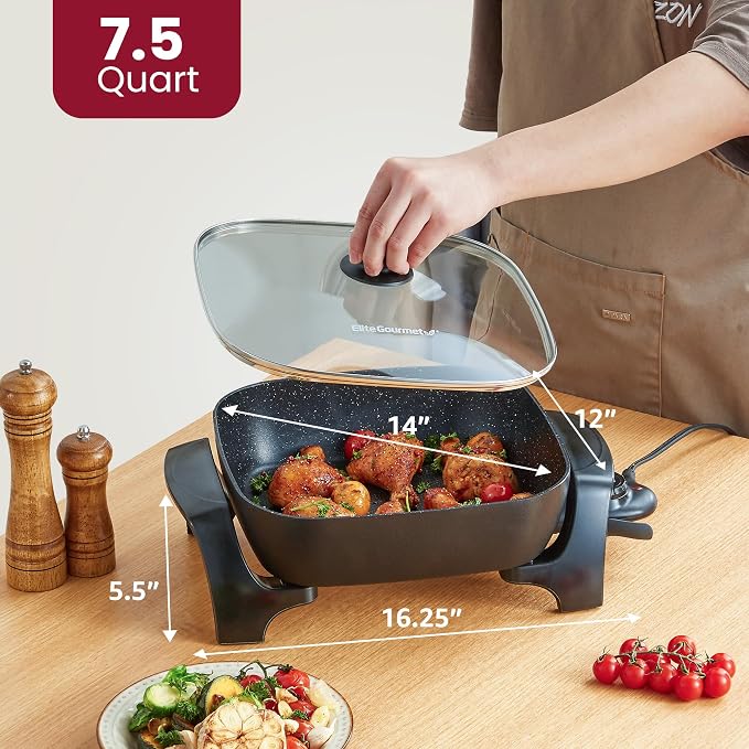 Elite Gourmet EG6201 Non-Stick Electric Skillet, 12"x12" 7.5Qt, Black | Scratch-Resistant, Dishwasher-Safe Design - Glass Vented Lid - Adjustable Temperature for Family Meals - Extra-Deep 3.2"