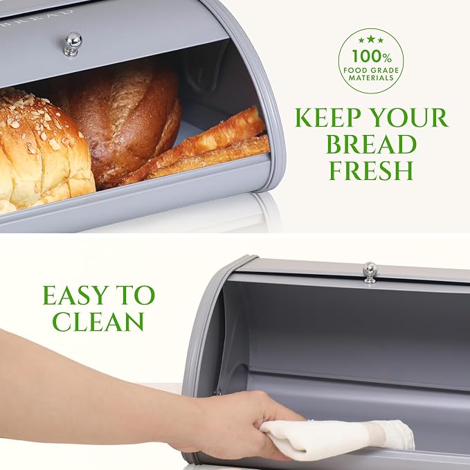 FINESSY Metal Bread Box For Kitchen Countertop, Gray Bread Box Roll Top | Bread Container Holds 1 Standard Loaf With Bagels And Muffins. No Assembly Bread Box, With Roll Top Lid 11.9 x 10.3 x 6.7 ins