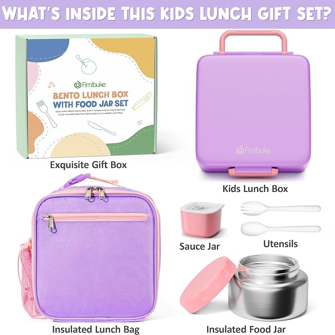 Fimibuke 60oz Kids Bento lunch Box with Insulated Lunch Bag & 8.5oz Thermo | Leakproof 3-4 Compartment Toddler Kids Lunch Box Food Container w/ Utensils, Sauce Cup for School Boys Girls, Dishwasher Safe