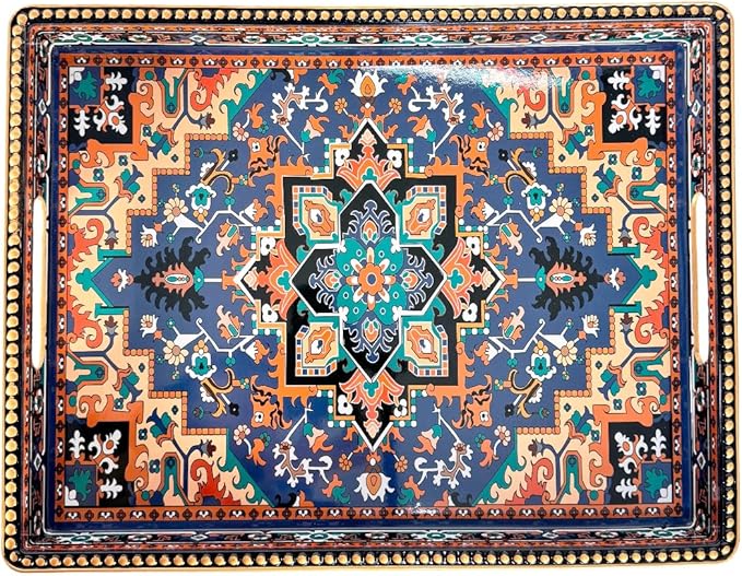 Boho Persian Rug Pattern Serving Tray with Handles, 15.7”x11.8” Rectangular Plastic Decorative Tray (Vintage Blue/Orange/Green) for Coffee Table, Ottoman, Bathroom & Living Room.