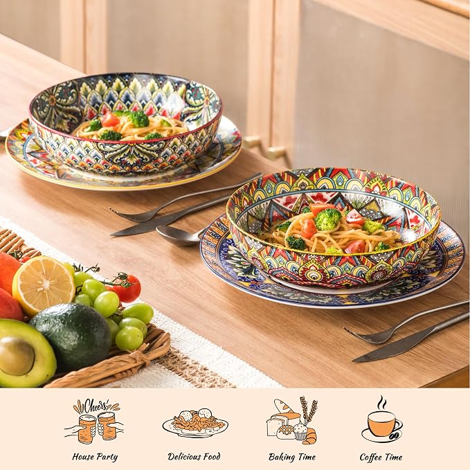 Henten Home Ceramic Pasta Bowls, 50 oz Soup Bowl Set of 2, Colorful Large Salad Bowls, Bohemia Shallow Serving Bowls Set for Noodles, Microwave & Dishwasher Safe (Set A)