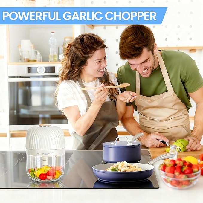 Electric Garlic Chopper 350ML, Mini USB Rechargeable Veggie Chopper, Cordless Garlic Mincer Onion Chopper Food Chopper for Ginger Chili Meat Sauce, Wireless Food Processor, White