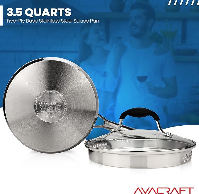 AVACRAFT 3.5 Quart Stainless Steel Saucepan with Glass Strainer Lid | 18/10 Stainless Steel, 5-Ply Capsule Base, Dual Pour Spouts, Induction Compatible, Ergonomic Handle, Dishwasher Safe