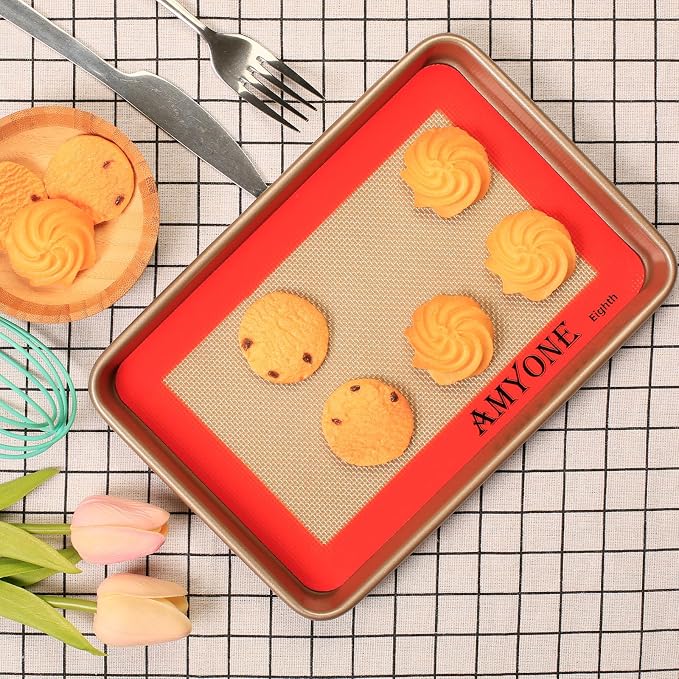 AMYONE 1/8 Sheet Silicone Baking Mats for 9x7" Toaster Oven, Platinum, 2PCS | For Eighth Sheet Pan for Cookie/Macaron/Bread/Pastry; Fits Small Toaster Oven Trays; Nonstick Reusable Food Grade Silicone